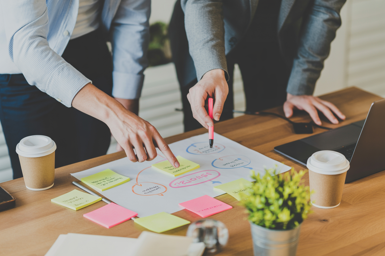Collaborative planning with sticky notes and a pink highlighter